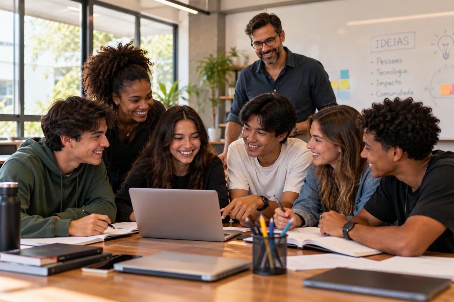 Grupo de jovens reunidos em volta de um notebook em uma oficina, com um facilitador ao fundo